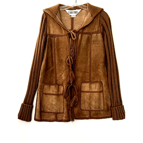 Genuine Leather Suede Panels Hoodie Jacket Knit Sleeve Tassel Ties Retro VTG - Picture 1 of 14